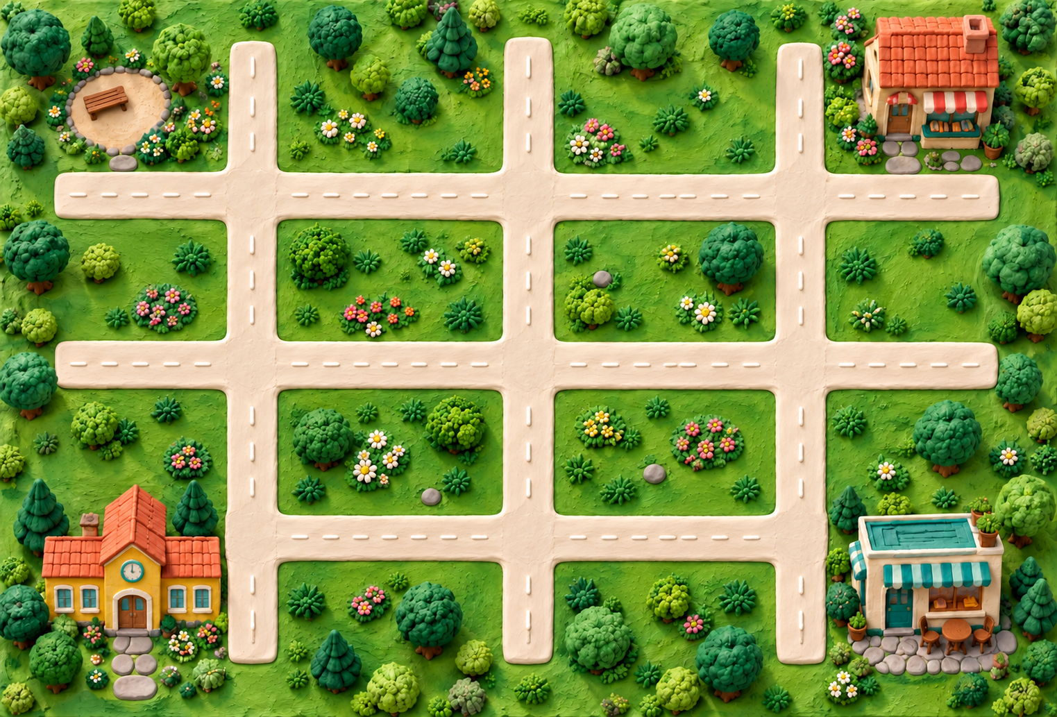 Clay town: park and bookshop at the top, school and café at the bottom.